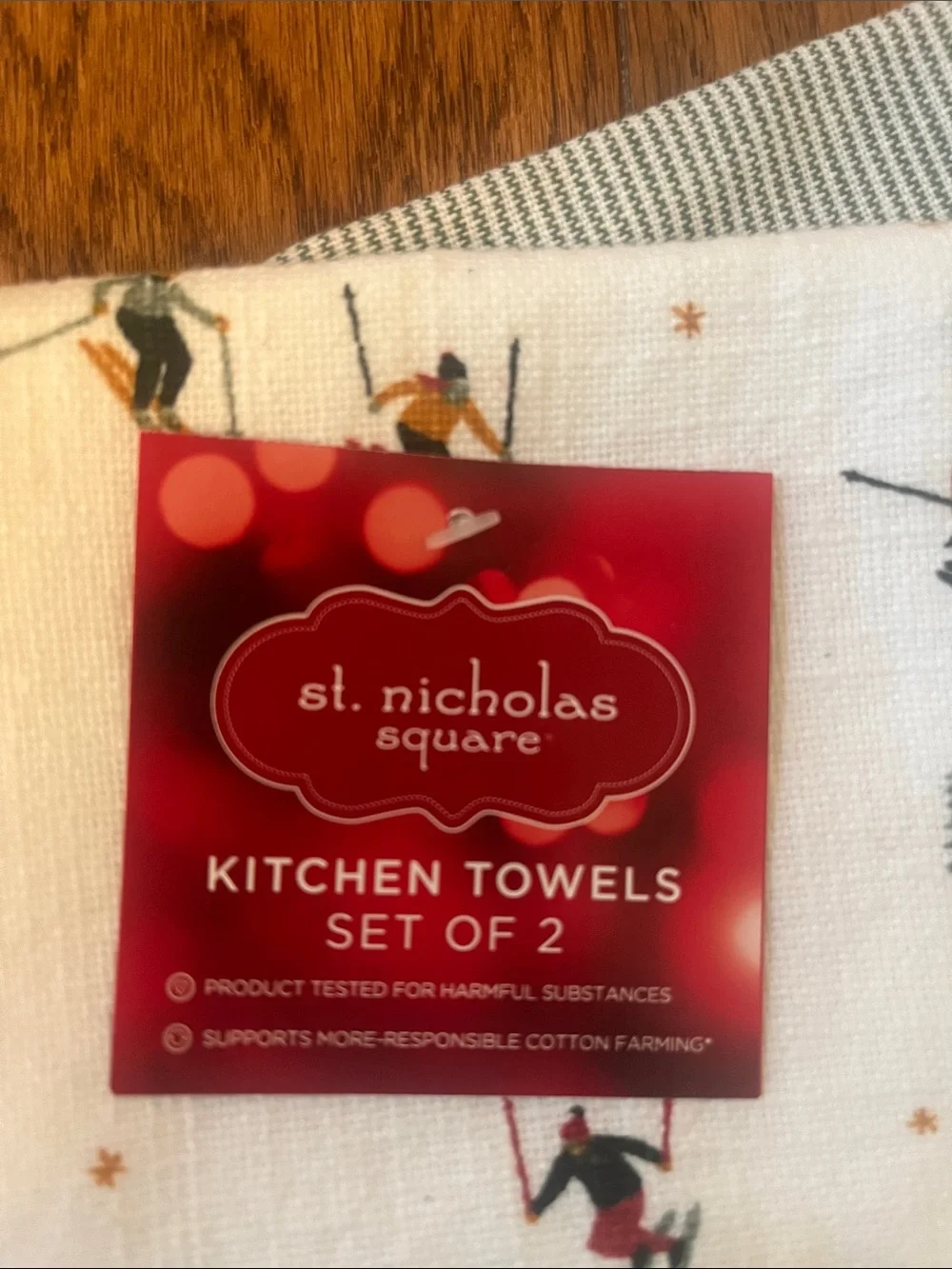 St Nicholas Square Kitchen Towel Set of 2 Skier & Blue Stripes 15